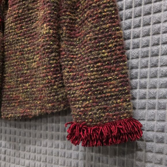 VTG Red Fringe Cardigan Sweater SzM Holiday Thin Knit Wool Shoulder Pads 80s 90s - Picture 6 of 16